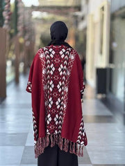 Etnik Desenli Püsküllü Panço - Bordo