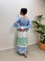 Etnik İndia Model Uzun Elbise Mavi-Beyaz