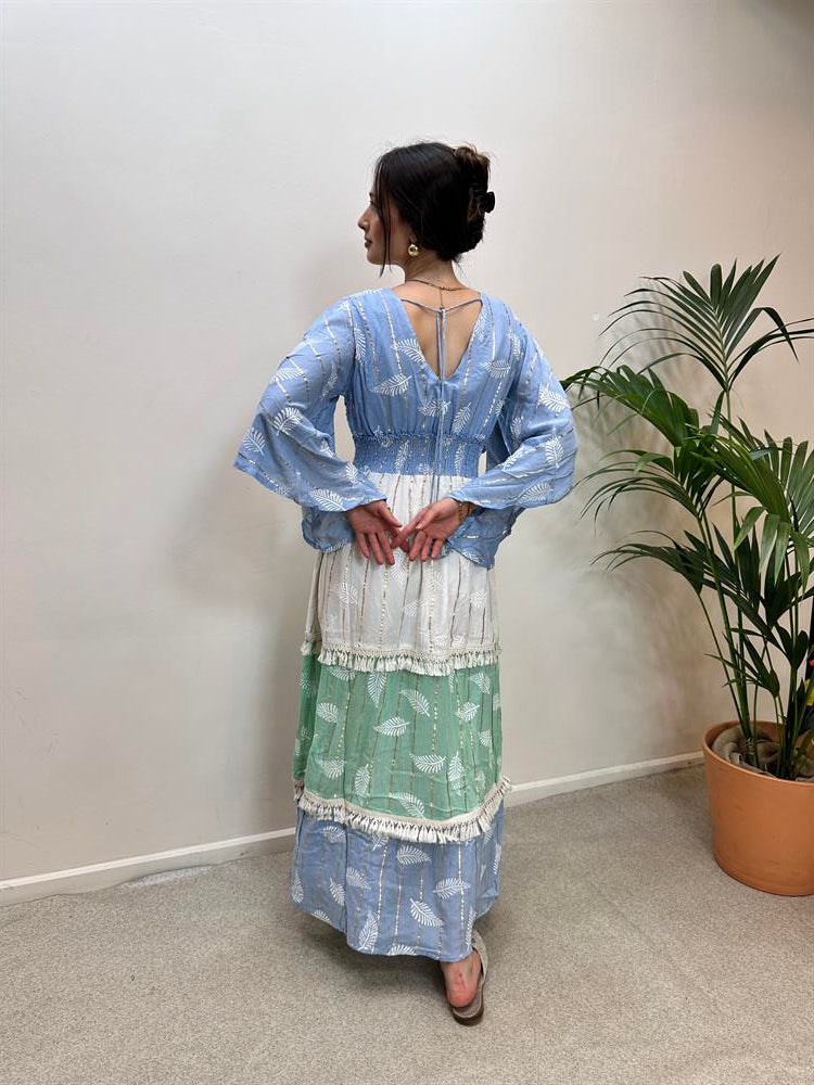 Etnik İndia Model Uzun Elbise Mavi-Beyaz