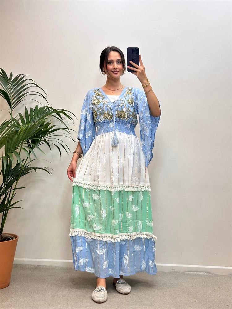 Etnik İndia Model Uzun Elbise Mavi-Beyaz