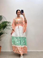 Etnik İndia Model Uzun Elbise Turuncu-Beyaz