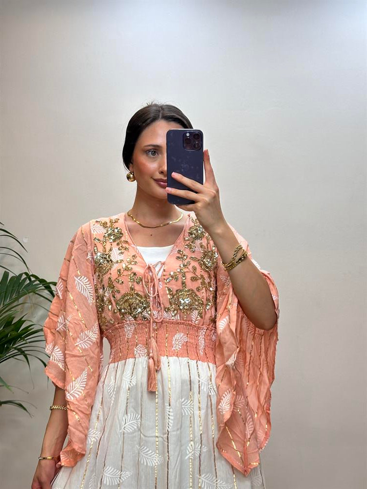 Etnik İndia Model Uzun Elbise Turuncu-Beyaz