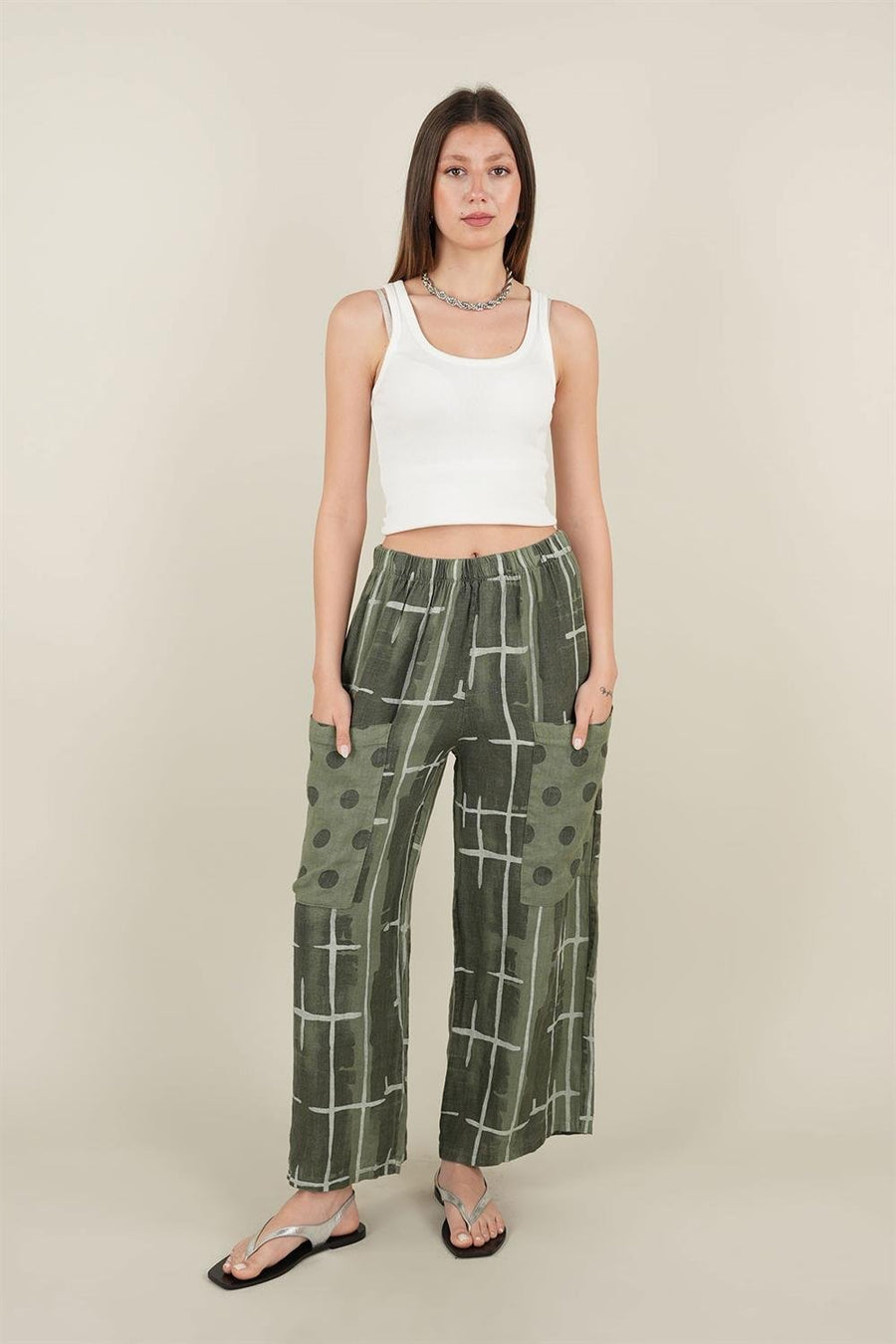 Geo Model Önden Cepli Keten Pantolon Haki