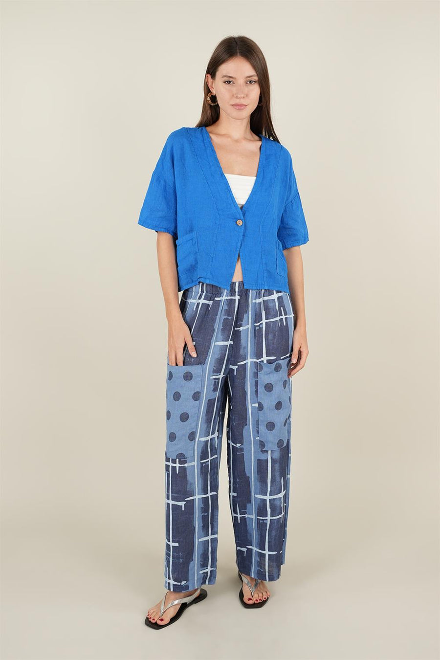 Geo Model Önden Cepli Keten Pantolon Mavi