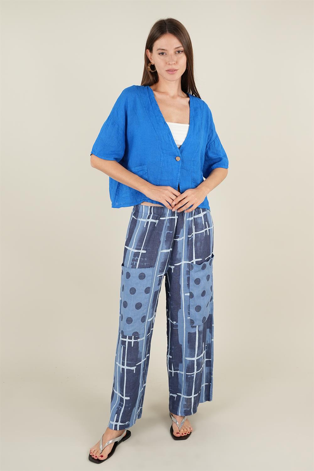 Geo Model Önden Cepli Keten Pantolon Mavi