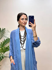 İpek Detaylı Keten Kap Mavi