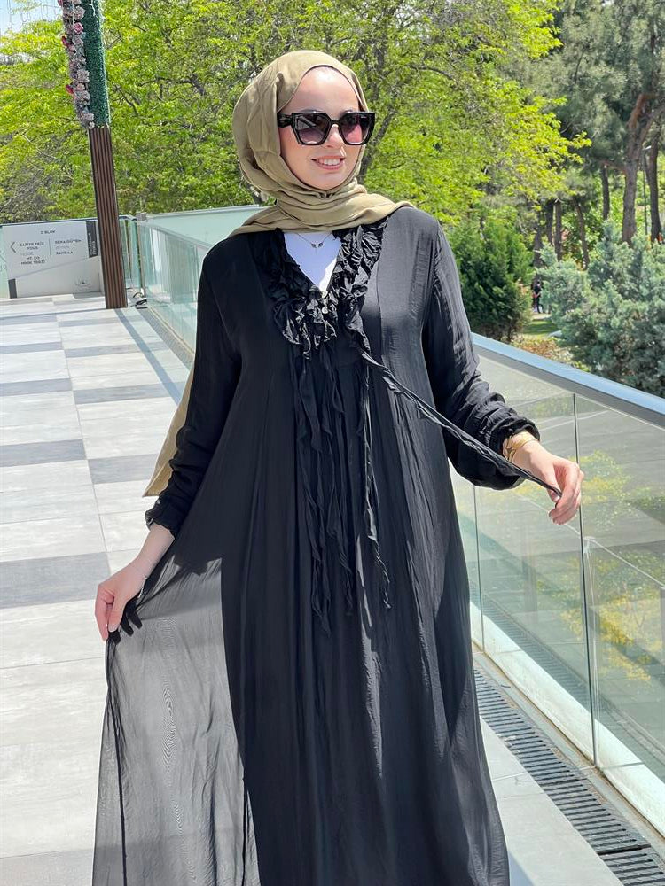 İpek Yakası Püsküllü Elbise Siyah