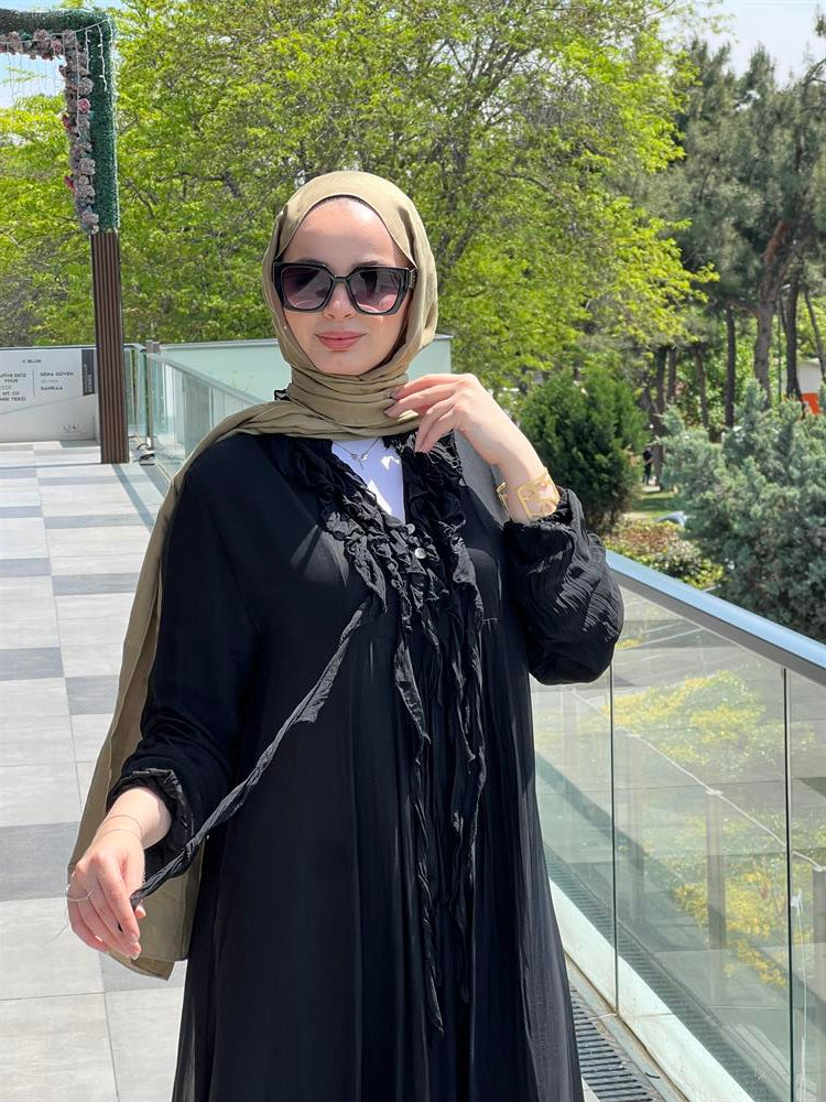 İpek Yakası Püsküllü Elbise Siyah