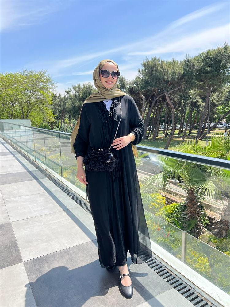 İpek Yakası Püsküllü Elbise Siyah