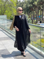 İpek Yakası Püsküllü Elbise Siyah