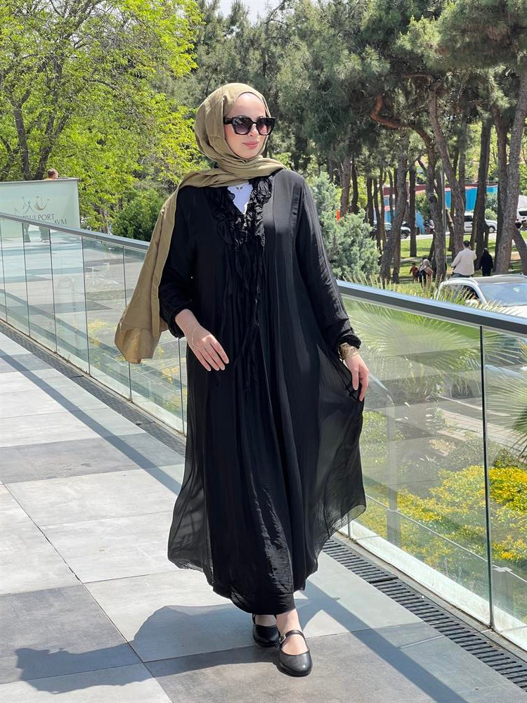 İpek Yakası Püsküllü Elbise Siyah