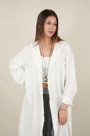 Kapşonlu Keten Kap Beyaz