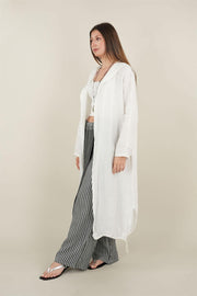 Kapşonlu Keten Kap Beyaz