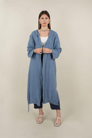 Kapşonlu Keten Kap Mavi