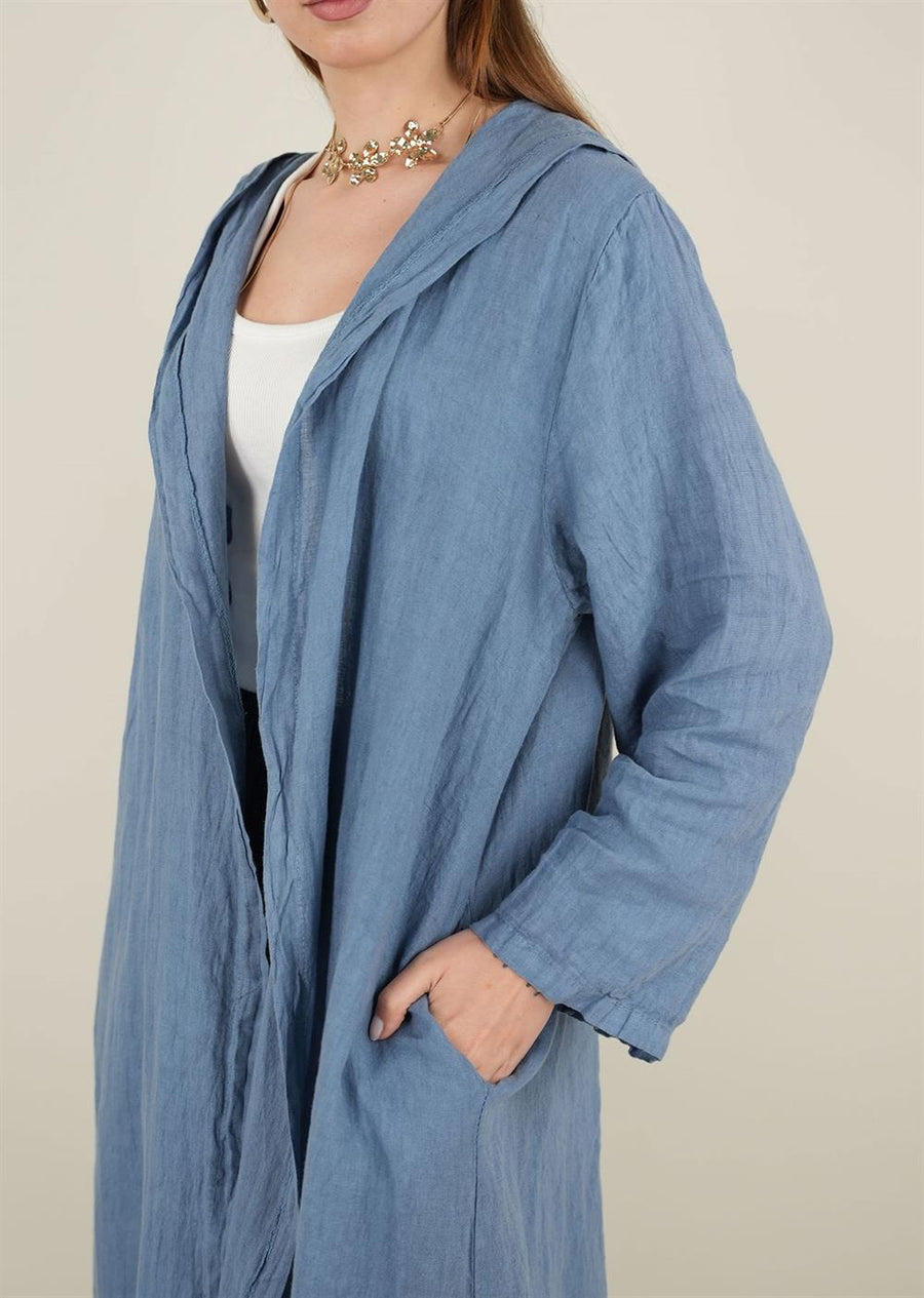 Kapşonlu Keten Kap Mavi