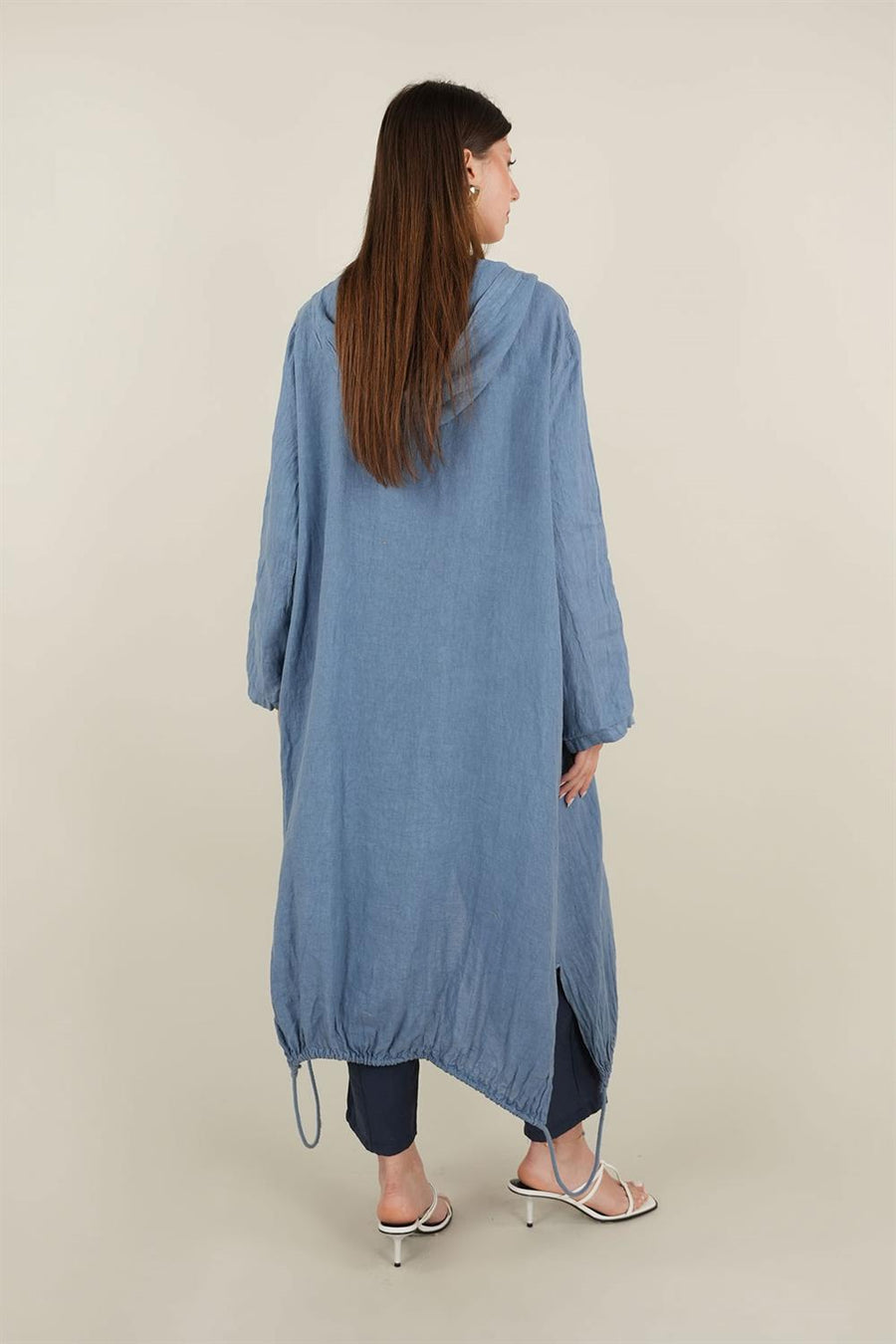 Kapşonlu Keten Kap Mavi