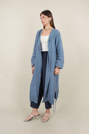 Kapşonlu Keten Kap Mavi