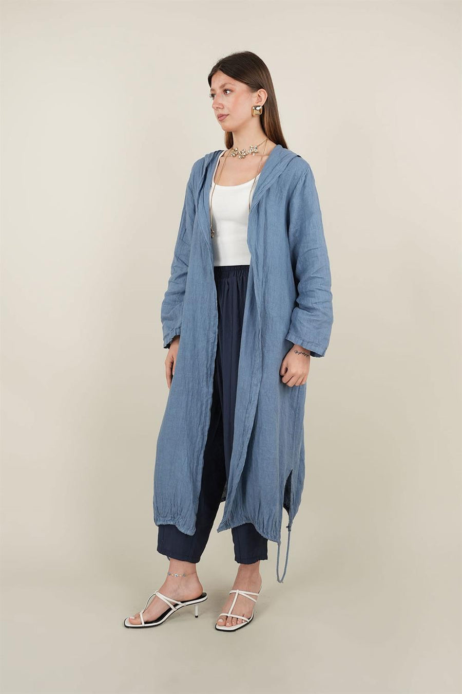 Kapşonlu Keten Kap Mavi