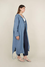 Kapşonlu Keten Kap Mavi