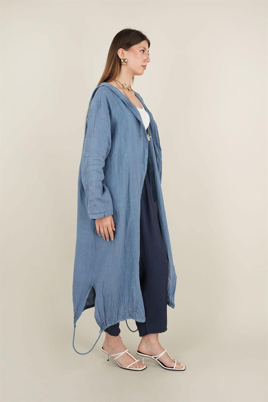 Kapşonlu Keten Kap Mavi