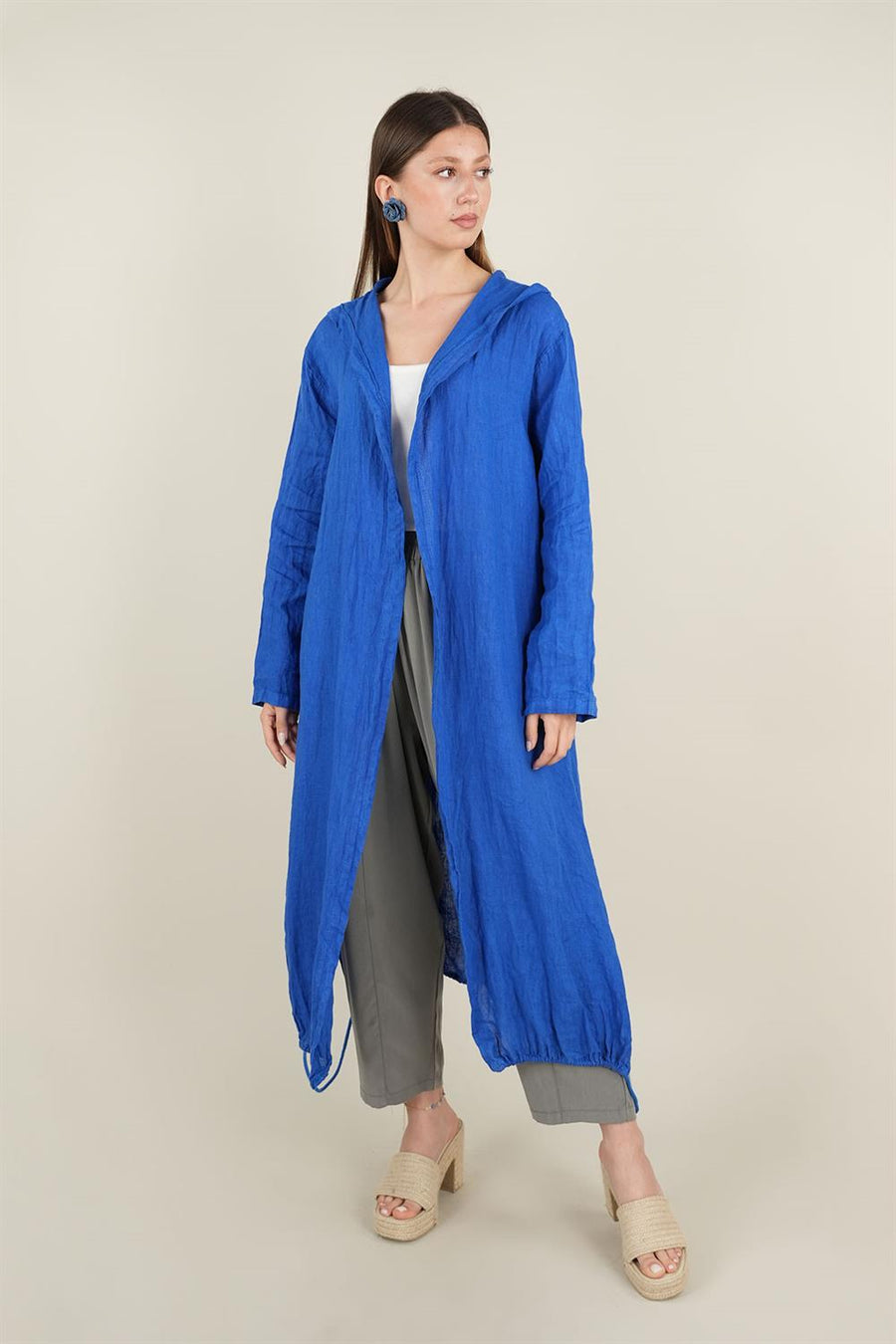 Kapşonlu Keten Kap Saks