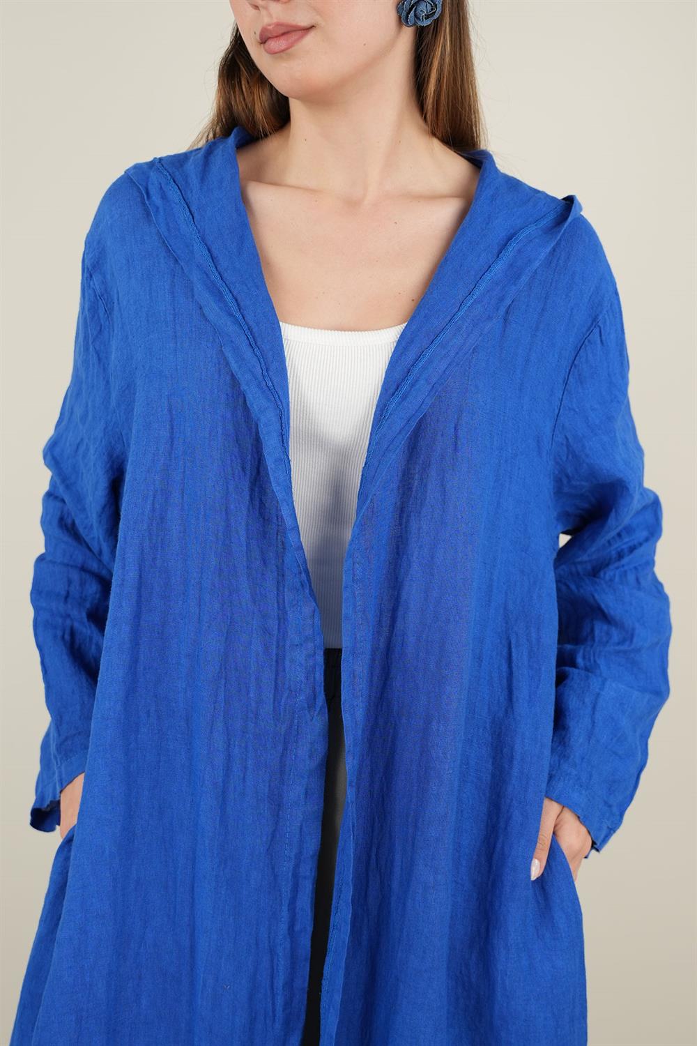 Kapşonlu Keten Kap Saks