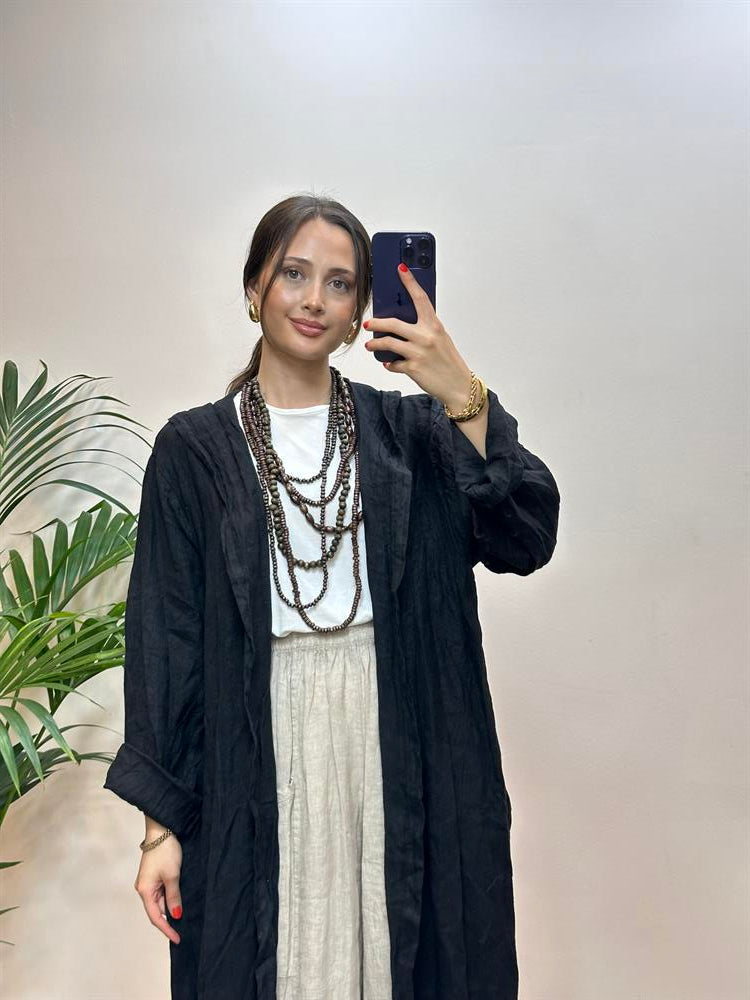 Kapşonlu Keten Kap Siyah