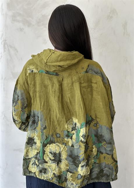 Kapüşonlu Çiçekli Keten Fermuarlı Ceket Haki