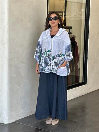 Kapüşonlu Çiçekli Keten Fermuarlı Ceket Beyaz