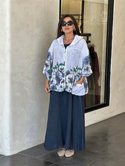 Kapüşonlu Çiçekli Keten Fermuarlı Ceket Beyaz