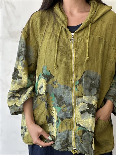 Kapüşonlu Çiçekli Keten Fermuarlı Ceket Haki