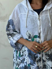 Kapüşonlu Çiçekli Keten Fermuarlı Ceket Beyaz