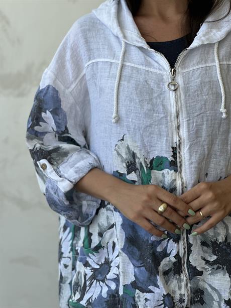 Kapüşonlu Çiçekli Keten Fermuarlı Ceket Beyaz