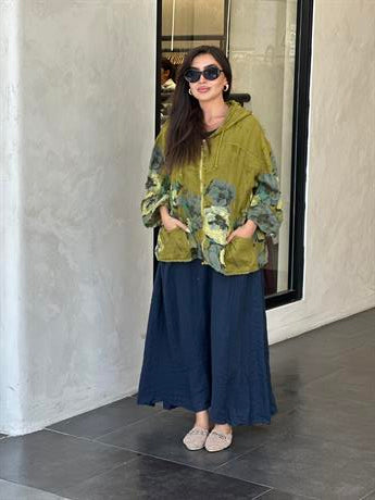 Kapüşonlu Çiçekli Keten Fermuarlı Ceket Haki