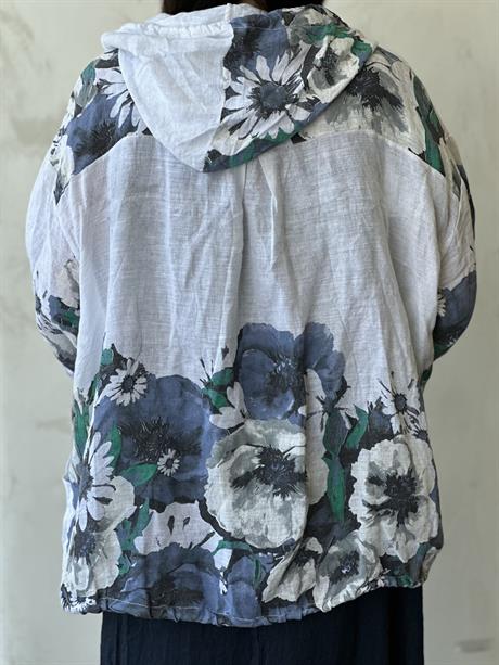 Kapüşonlu Çiçekli Keten Fermuarlı Ceket Beyaz