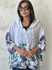 Kapüşonlu Çiçekli Keten Fermuarlı Ceket Beyaz