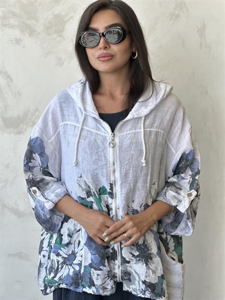 Kapüşonlu Çiçekli Keten Fermuarlı Ceket Beyaz