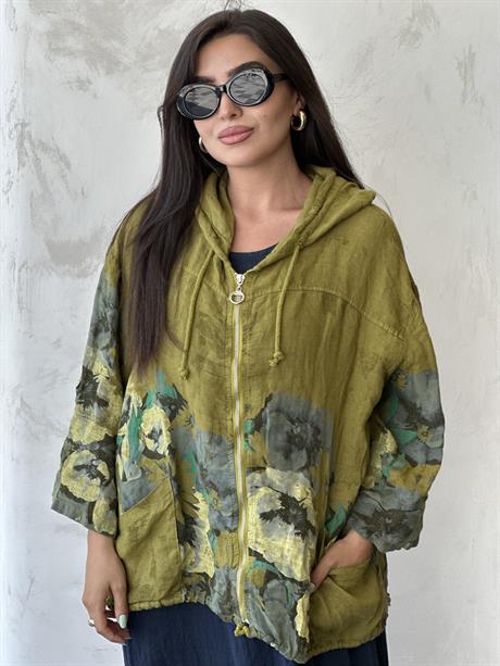 Kapüşonlu Çiçekli Keten Fermuarlı Ceket Haki