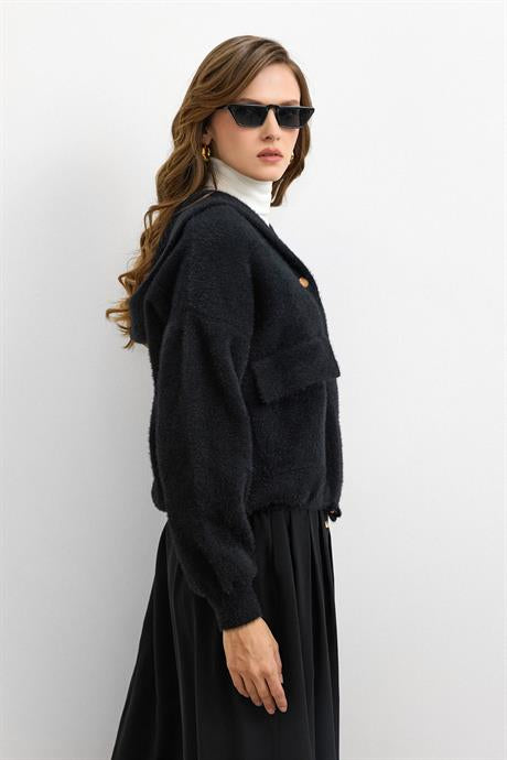 Kapüşonlu Triko Hırka Siyah