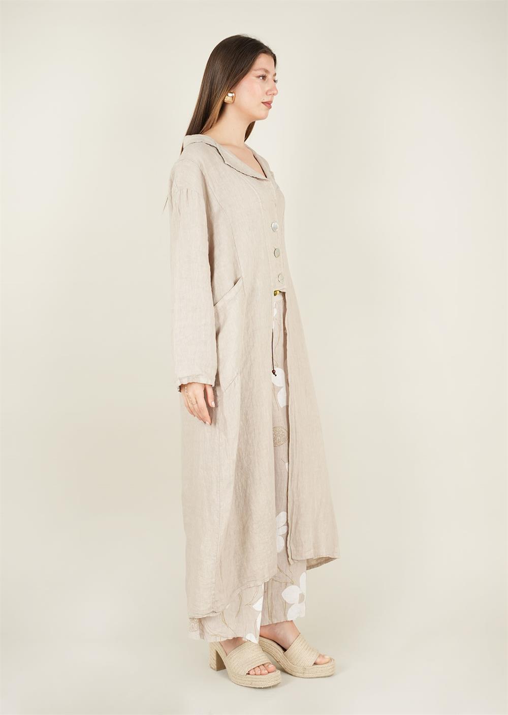 Keten Üç Düğmeli Kap Bej