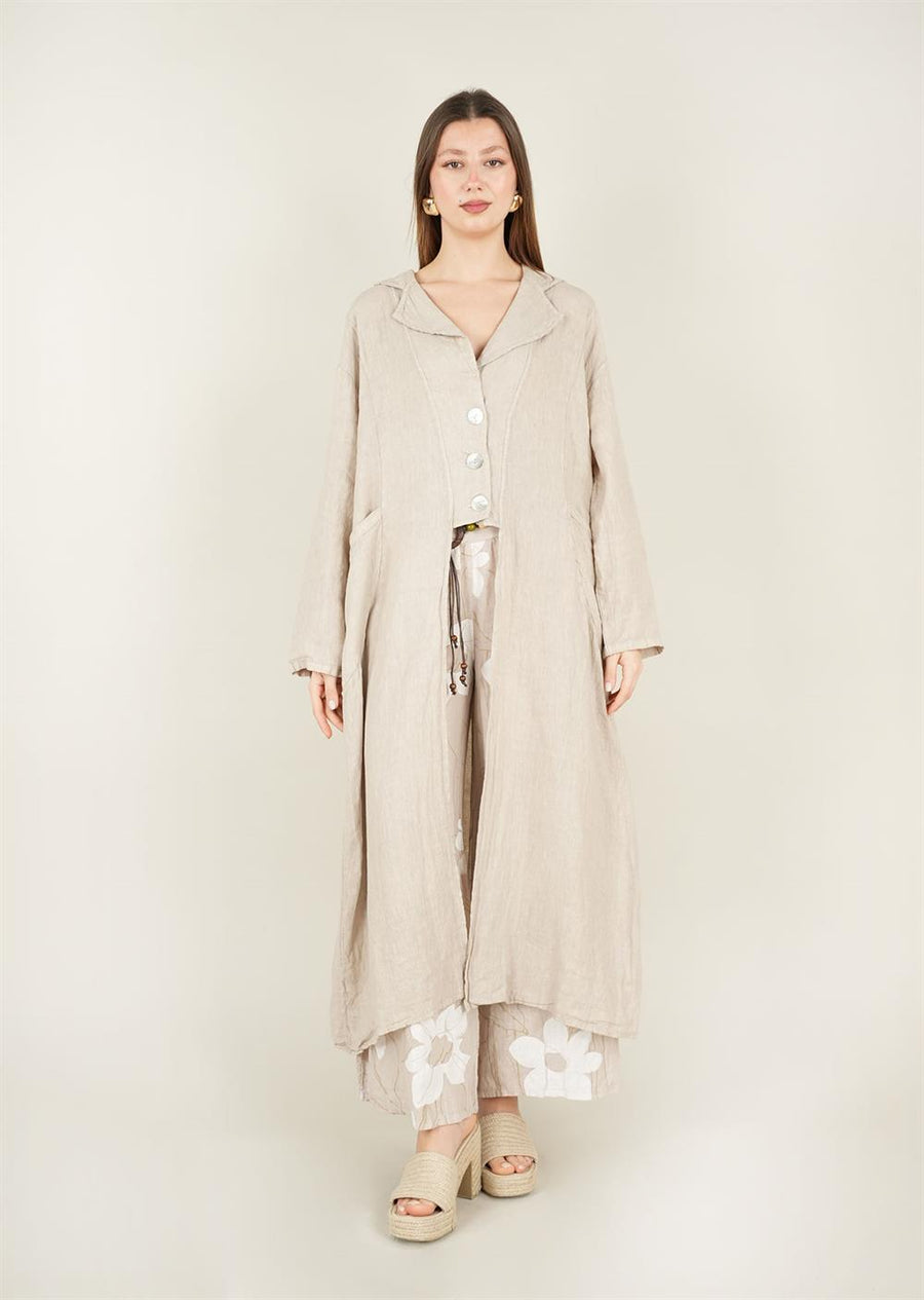 Keten Üç Düğmeli Kap Bej