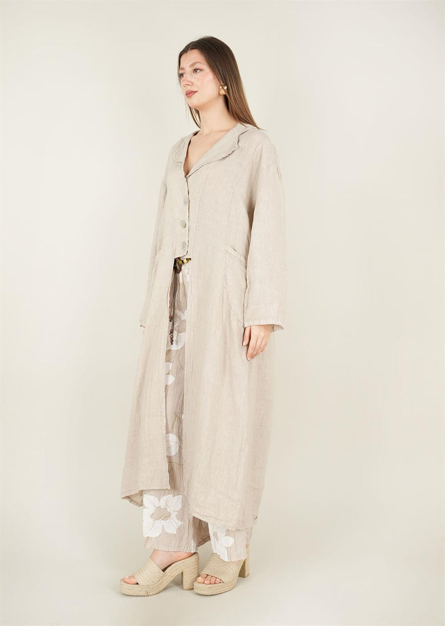 Keten Üç Düğmeli Kap Bej