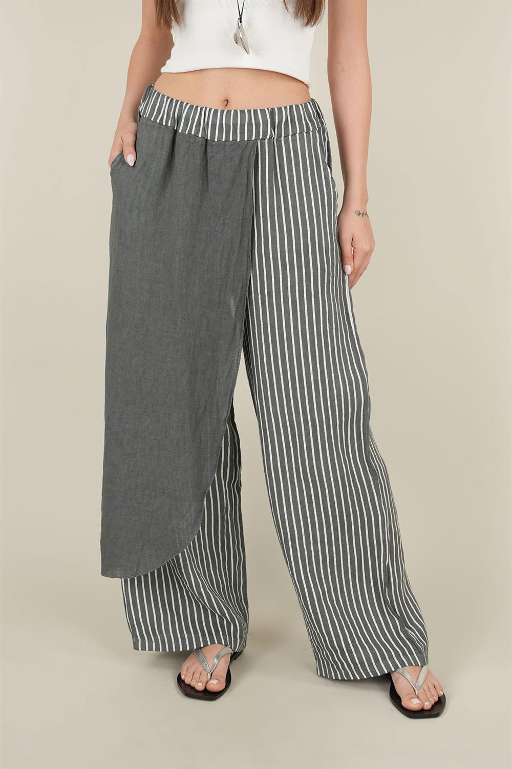 Keten Kapaklı Pantolon Füme