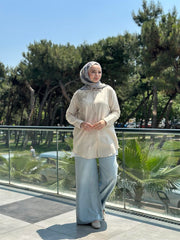 Keten Taş İşlemeli Gömlek Krem