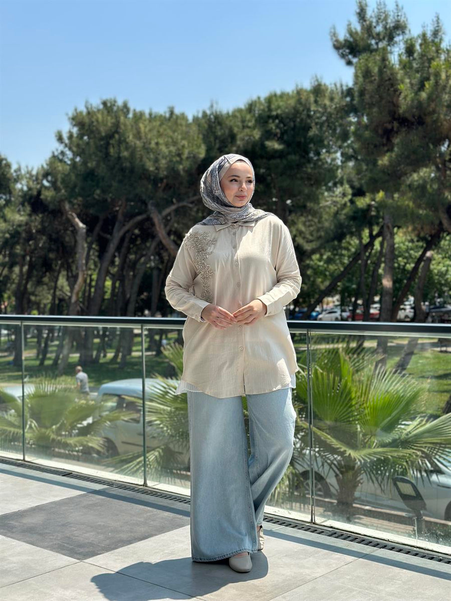 Keten Taş İşlemeli Gömlek Krem