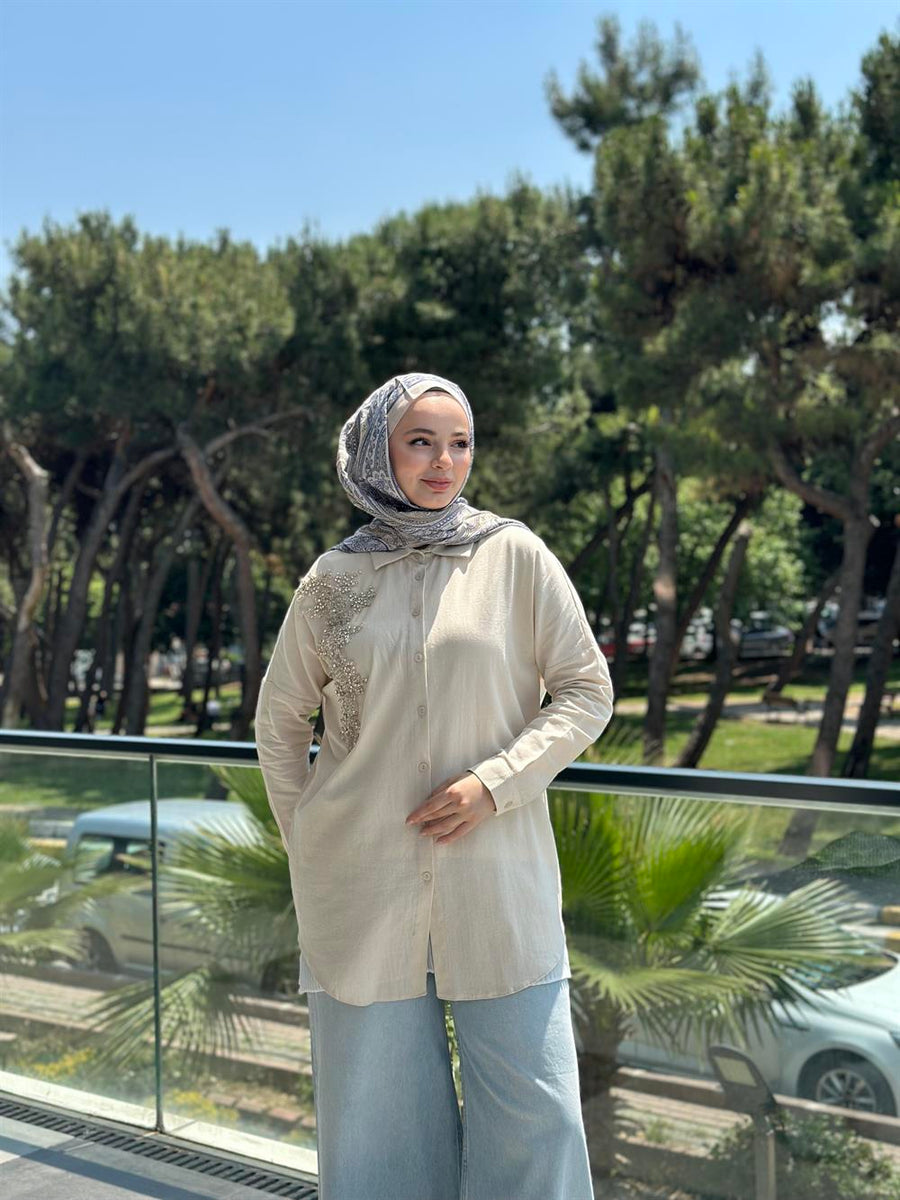 Keten Taş İşlemeli Gömlek Krem