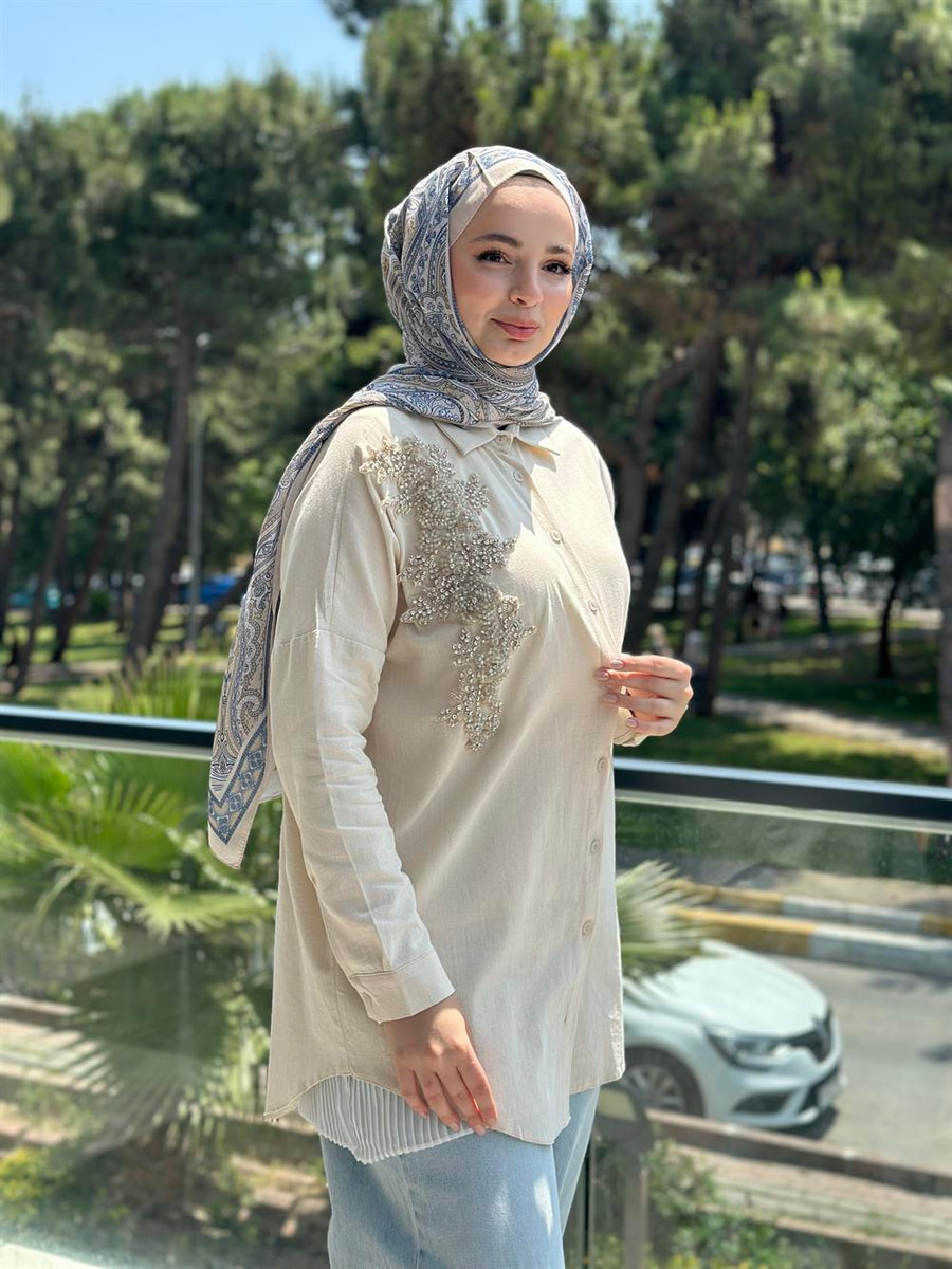 Keten Taş İşlemeli Gömlek Krem