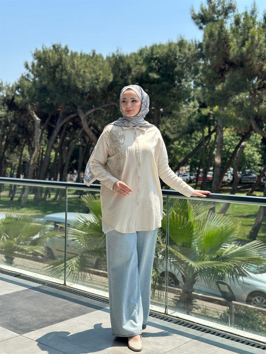 Keten Taş İşlemeli Gömlek Krem