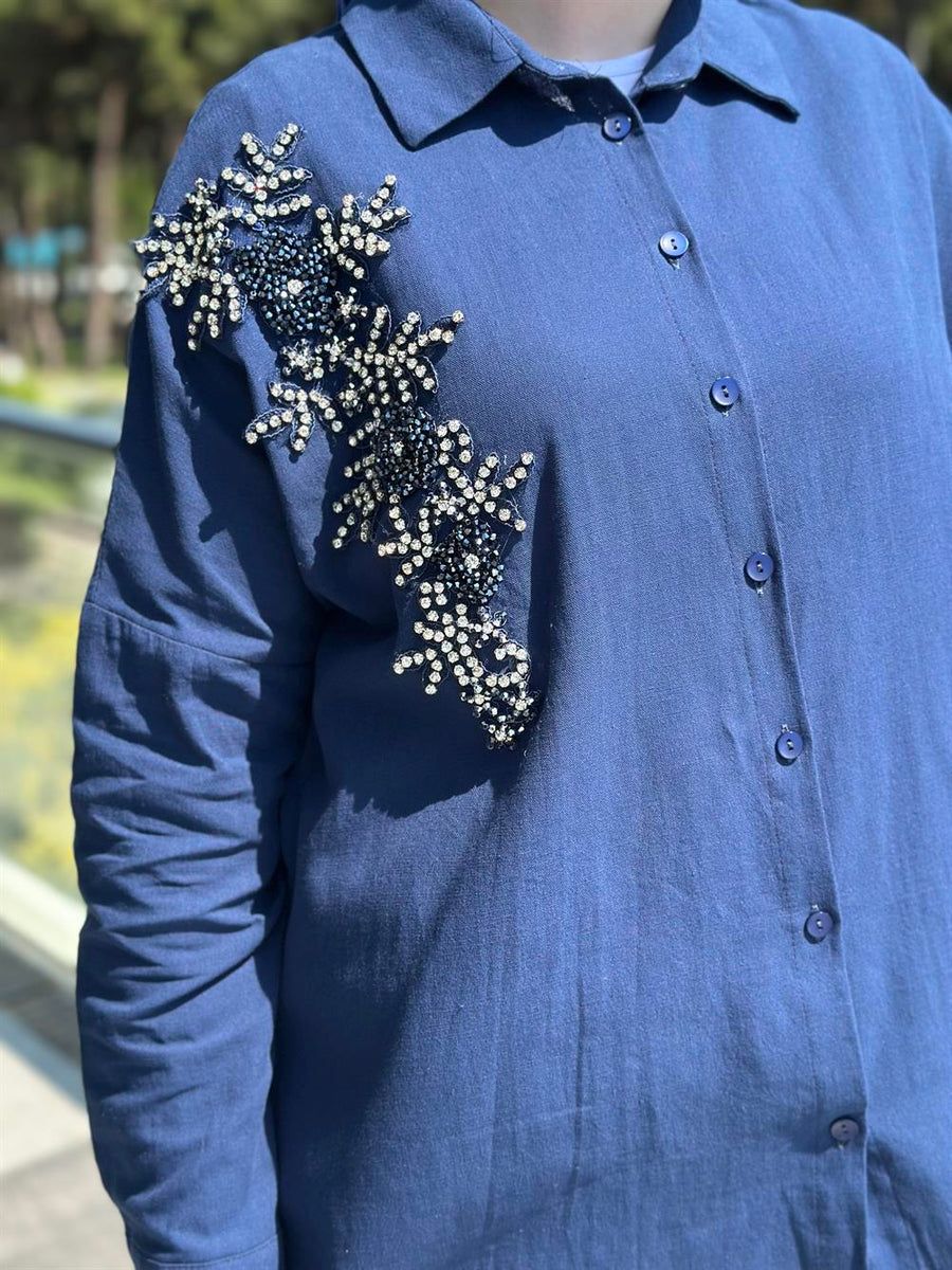 Keten Taş İşlemeli Gömlek Lacivert