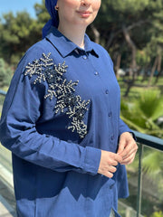 Keten Taş İşlemeli Gömlek Lacivert